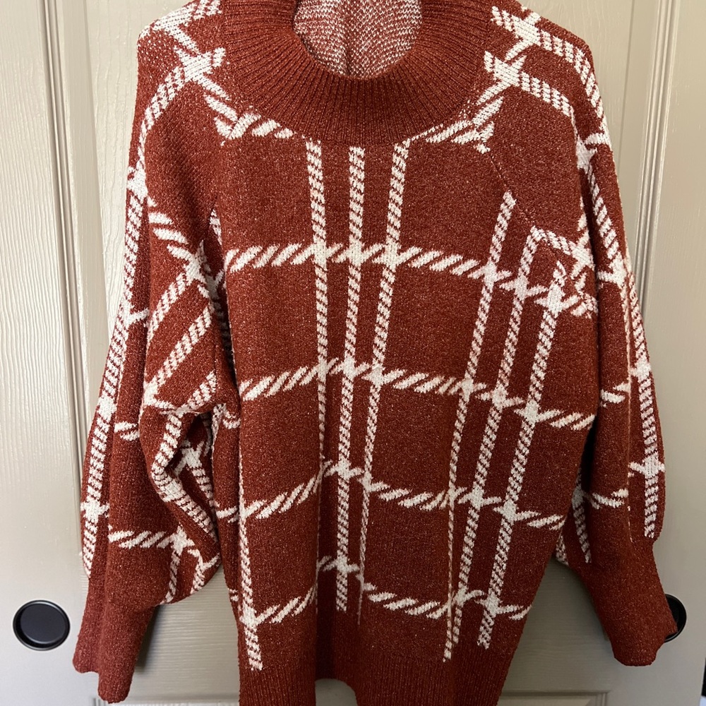 Windowpane Plaid Mock Neck Sweater